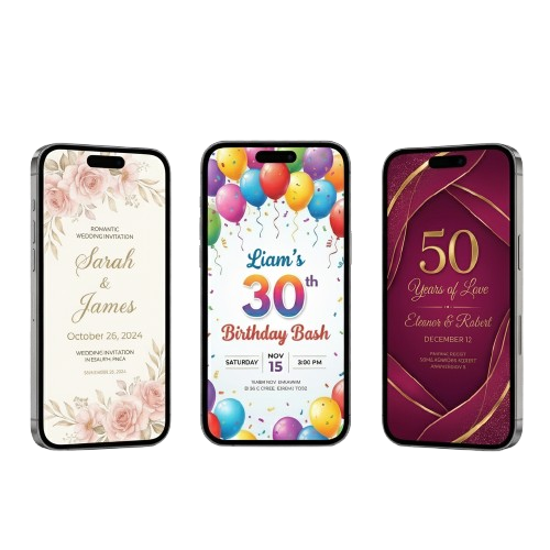 Tres smartphones mostrando invitaciones digitales
